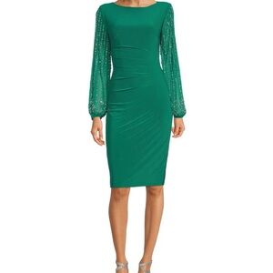 Marina Round Neck Beaded Lace Long Sleeve Side Drape Sheath Dress